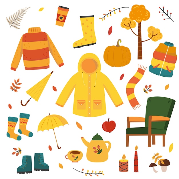 Vector autumn cozy icons set fall season elements collection seasonal food and clothes