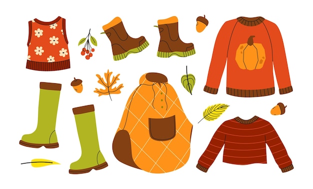 Vector autumn cozy set with sweater coat and rubber boots vector illustration colorful season collection