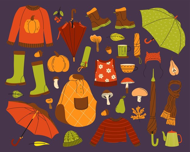 Vector autumn cozy set with sweater umbrellas and mushrooms vector illustration colorful season collection