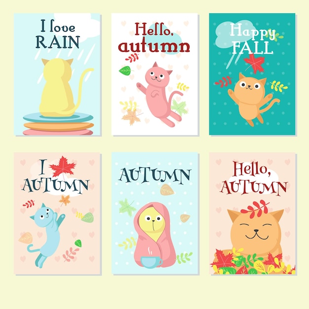 Autumn cute cat icon set vector illustration