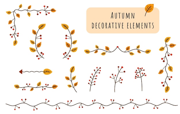 Autumn decorative elements collection. Abstract isolated frames, borders, branches of autumn leaves