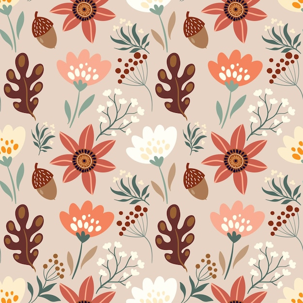 Autumn decorative seamless pattern with floral elements acorns plants leaves and flowers