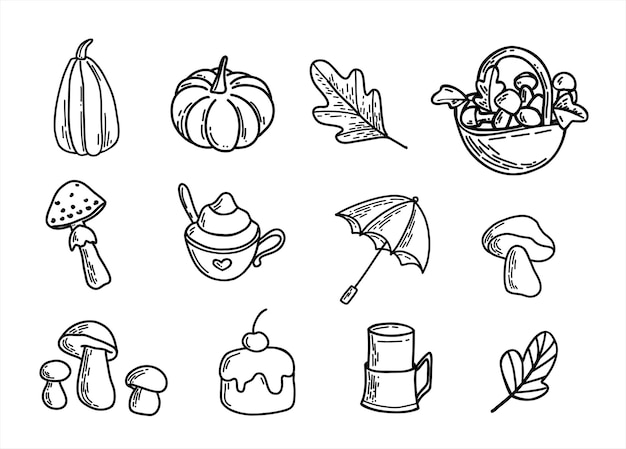 Autumn doodle set. Hand drawn vector isolated elements. Cozy fall collection of hand drawn elements.