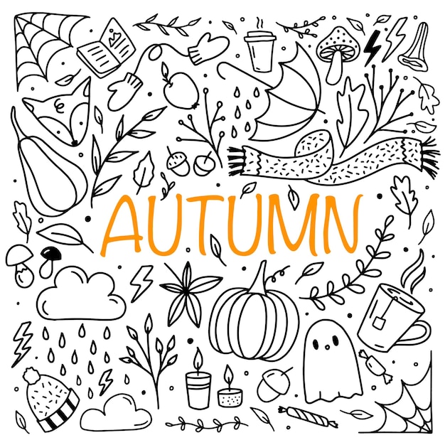 Autumn doodle set. Scarf, tea, mushroom, leaves, pumpkins, acorn, fox, floral wreath, candles. Fall