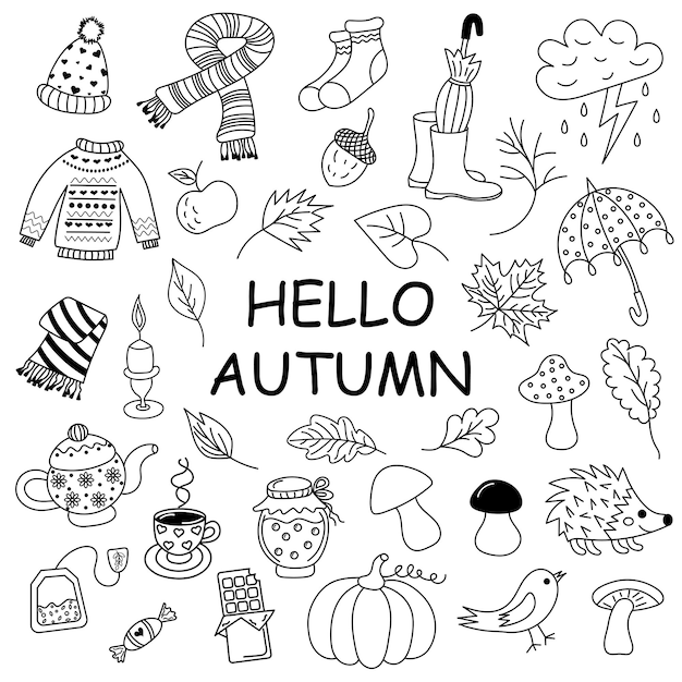 Autumn doodle set Sketchy vector handdrawn Doodle set of objects and symbols on the autumn theme