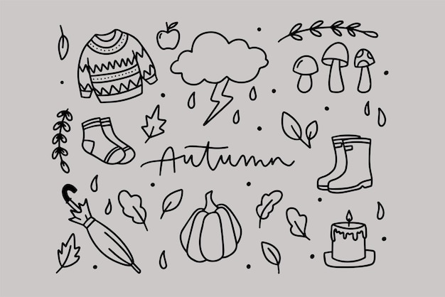 Autumn doodle set Sweater socks umbrella rubber boots leaves thunderstorm pumpkin