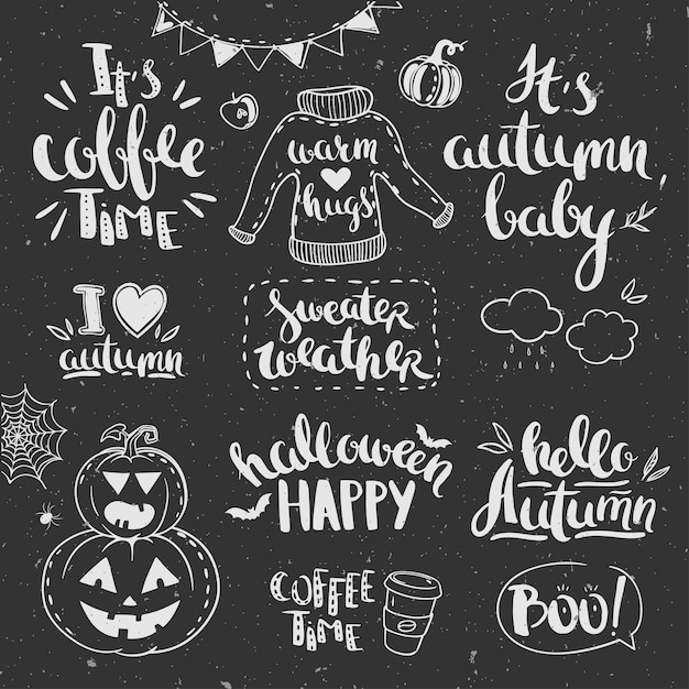 Autumn doodles set on a chalkboard