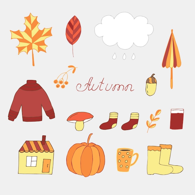 Autumn doodles set vector illustration hand drawing multicolored