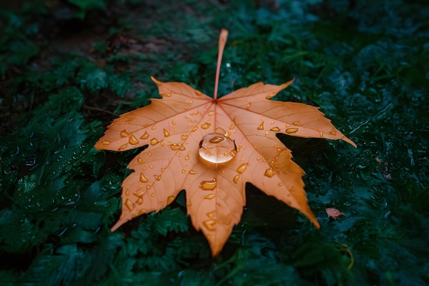 Vector autumn dry yellow leaf fallen on the grass with dew