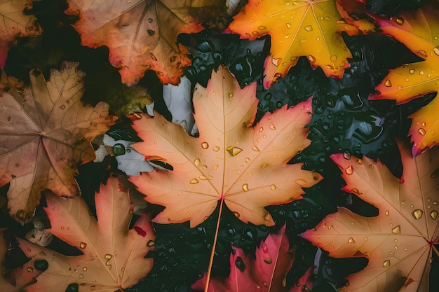 Autumn dry yellow leaf fallen on the grass with dew