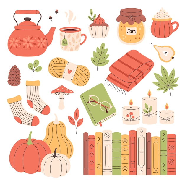 Vector autumn elements set cute and cozy seasonal objects fall thanksgiving day