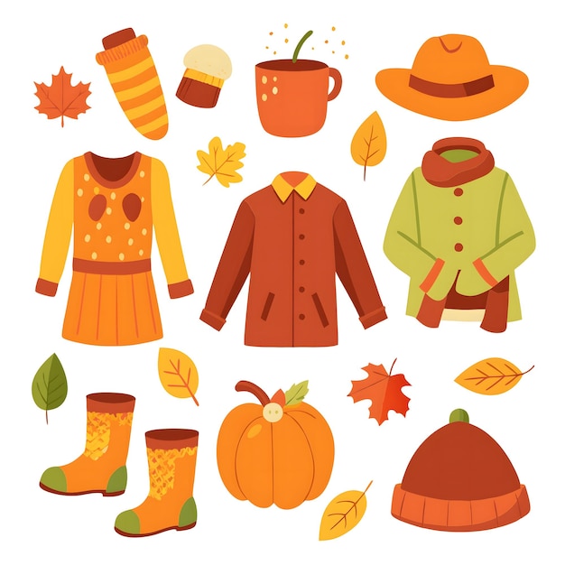 Vector autumn elements set seasonal objects fall season cozy collection elements clip art bundle