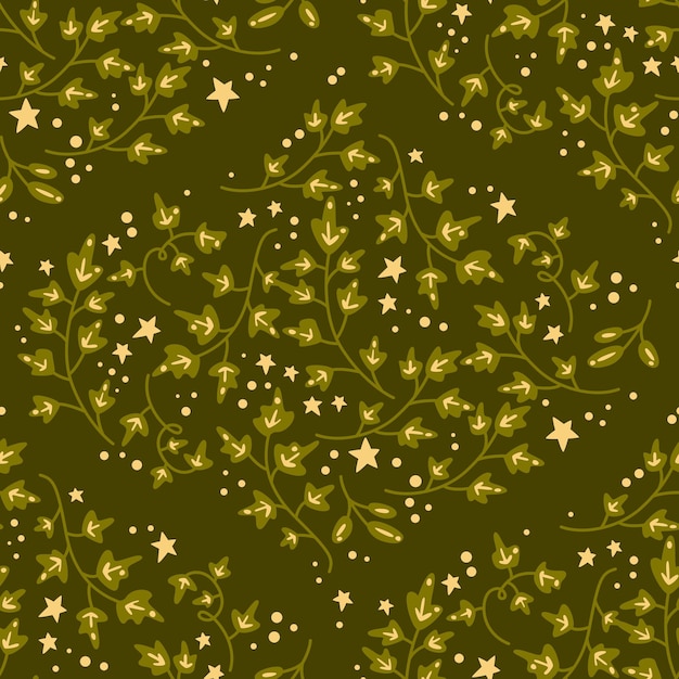 Vector autumn fall diamond seamless pattern with light green leaves and stars on dark green