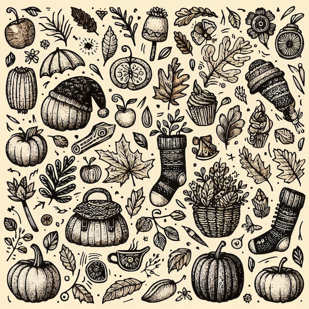 Autumn fall doodle set Hand drawn black color sketch vector illustration