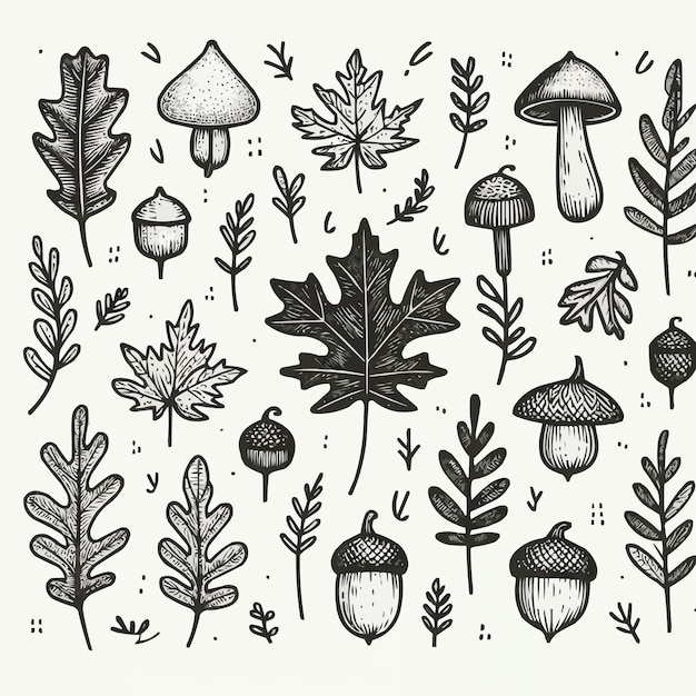 Autumn fall doodle set Hand drawn black color sketch vector illustration