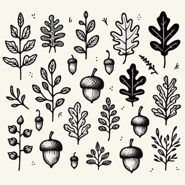 Autumn fall doodle set Hand drawn black color sketch vector illustration