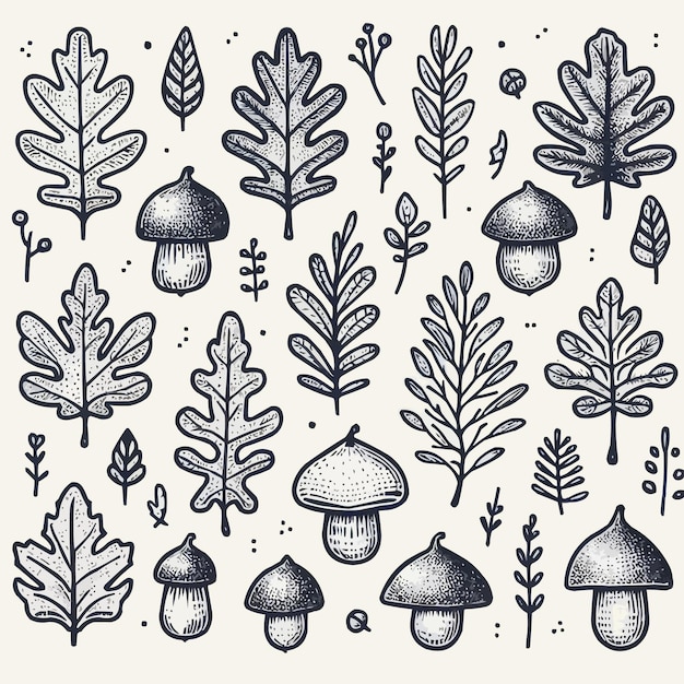 Autumn fall doodle set Hand drawn black color sketch vector illustration