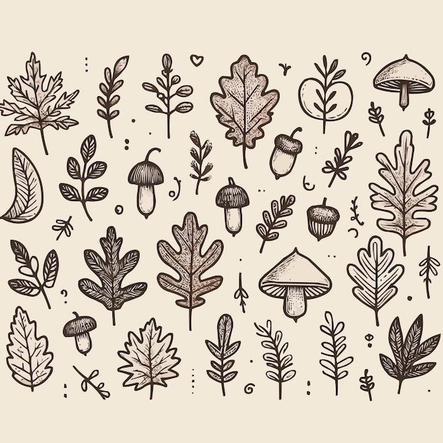 Autumn fall doodle set Hand drawn black color sketch vector illustration