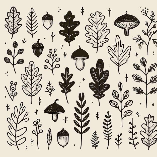 Autumn fall doodle set Hand drawn black color sketch vector illustration