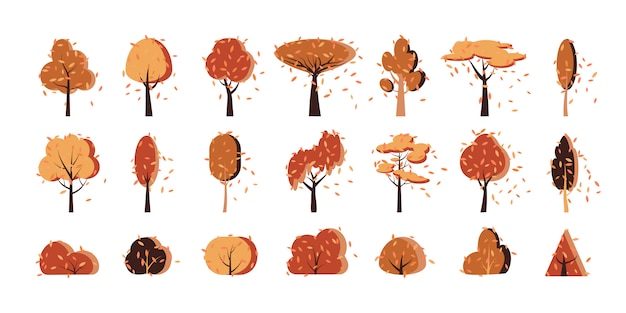 Autumn fall gold tree, bush flat cartoon icon set. Different shape forest park, garden symbol