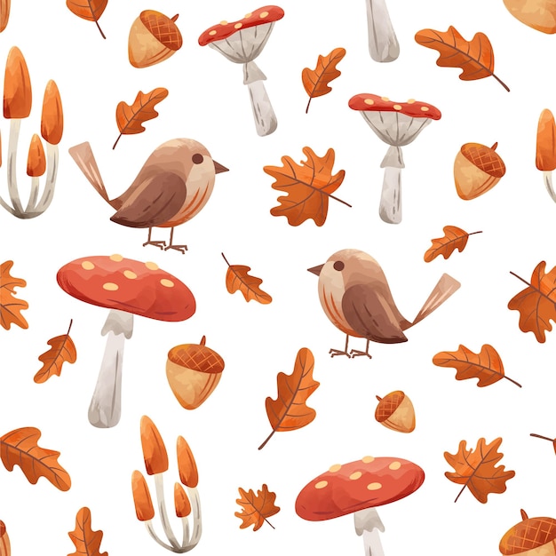 Autumn Fall Pattern Tile with Mushroom Toadstool Robin Red Breast Bird Acorn