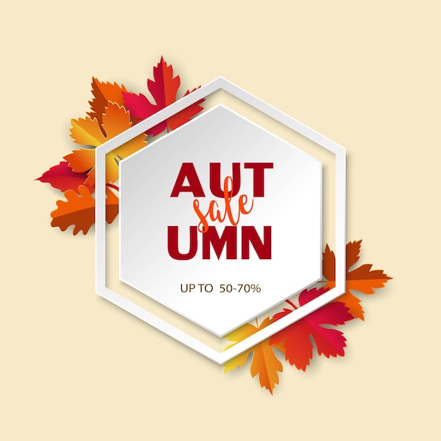 Autumn or fall sale banner background on hexagon shape,vector illustration