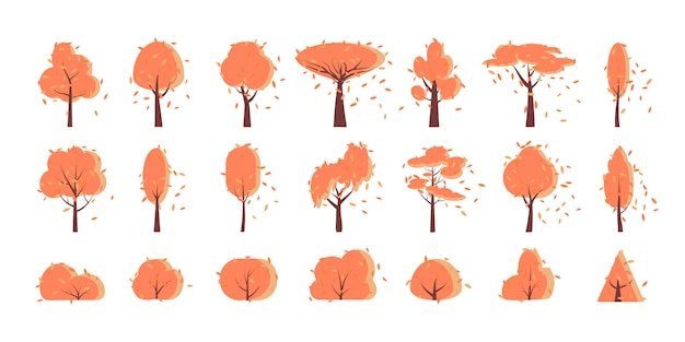 Autumn fall tree, bush, flat cartoon set.