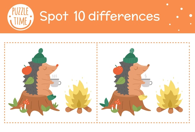 Autumn find differences game for children. Fall season educational activity with hedgehog sitting in a stump near the fire. Printable worksheet with funny smiling animal. Cute forest scene