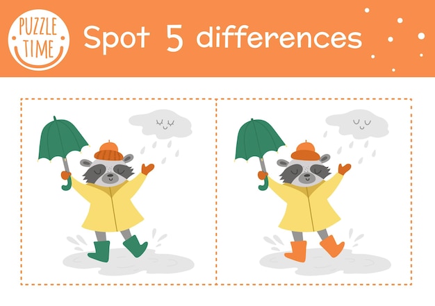 Autumn find differences game for children. Fall season educational activity with raccoon with umbrella under the rain. Printable worksheet with funny smiling animal. Cute forest scene