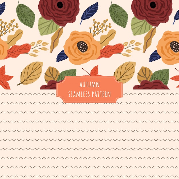 Vector autumn floral and wave seamless pattern