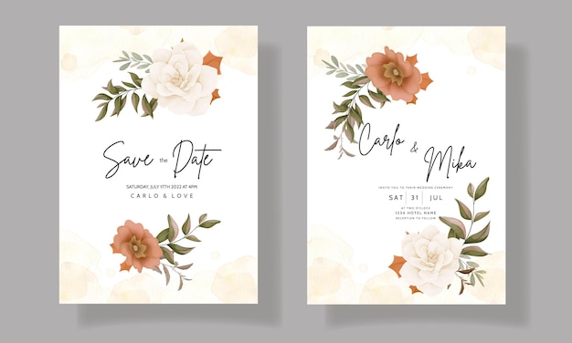 autumn floral wedding invitation card with rose and pine flower