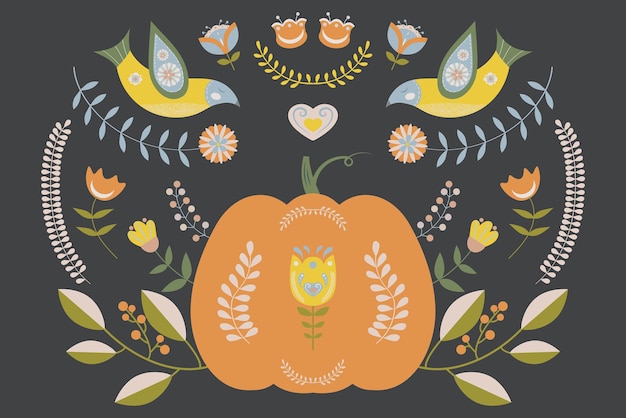 Autumn folk illustration with pumpkin birds and floral motifs