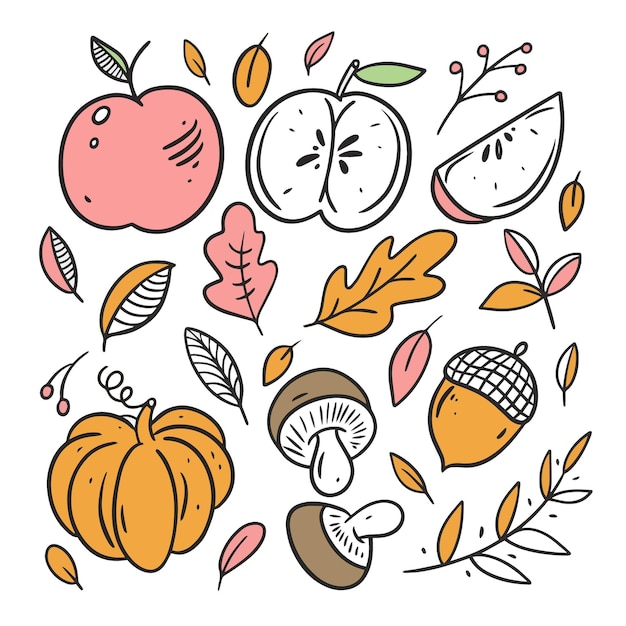 Autumn food elements set Line art colorful style Hand drawn sketch Doodle 