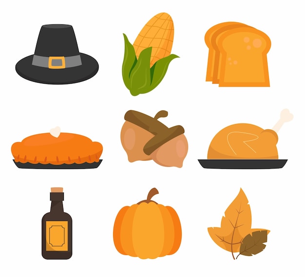 Autumn food set Bundle of seasonal food and drinks Pumpkin pie corn bread beverage symbols of fall Vector illustration