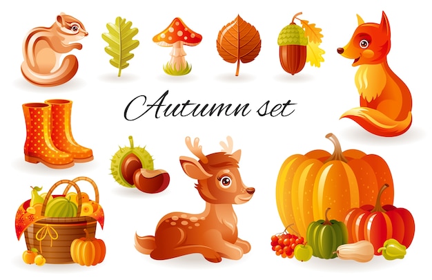 Autumn forest animals. Cute fall set, woodland illustration with squirrel, fox, fawn.