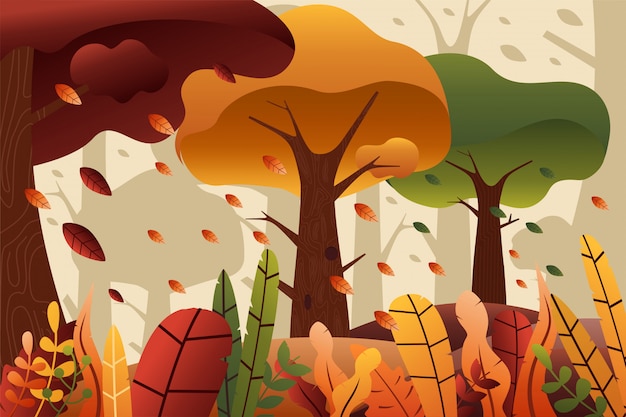 Autumn Forest Illustration Background with trees and leaves