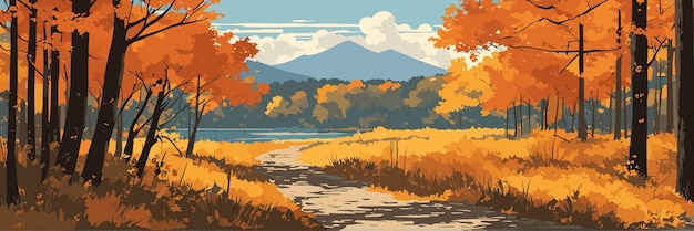 Vector autumn forest scenery with mountain background colorful illustration for seasonal greeting cards