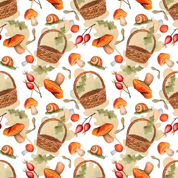 Autumn forest seamless watercolor pattern with basket mushrooms and oak leaves fall wallpaper