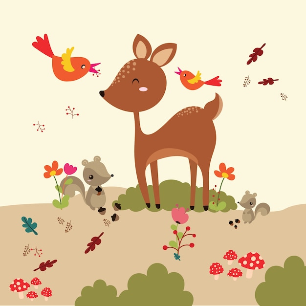 Autumn forest in vector set with cute forest animals