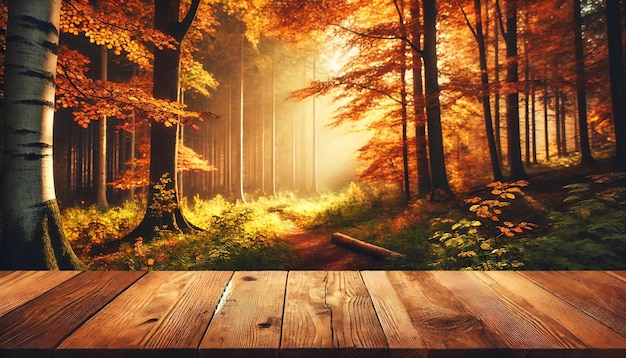 Vector autumn forest with wooden table