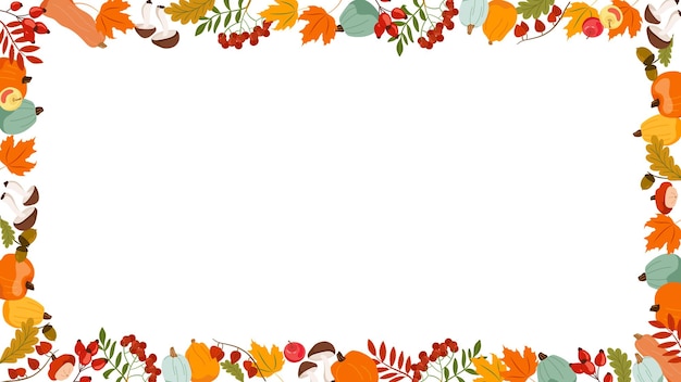 Autumn frame Fall horizontal banner cute hand drawn colourful pumpkins apples rowan border Vector