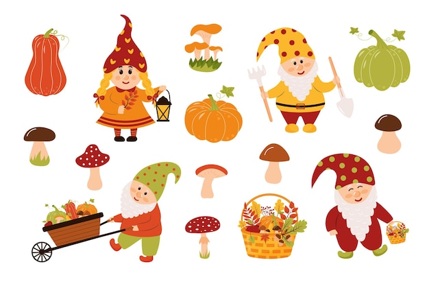 Autumn garden gnomes mushrooms pumpkins set Autumn fall season harvesting thanksgiving concept