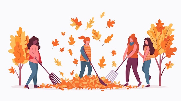 Vector autumn garden work women collecting leaves with rakes