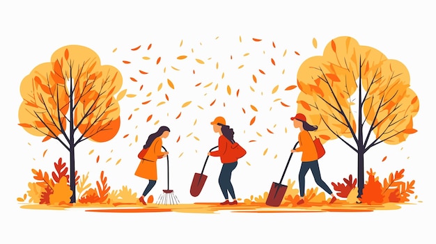 Vector autumn garden work women collecting oranges with rakes