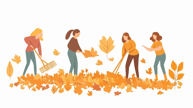 Vector autumn garden work women raking and collecting oranges