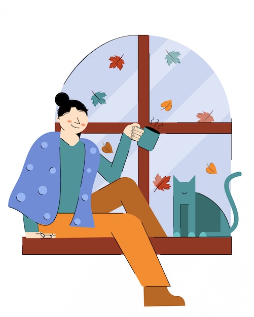 Autumn Girl, Tea and Cat