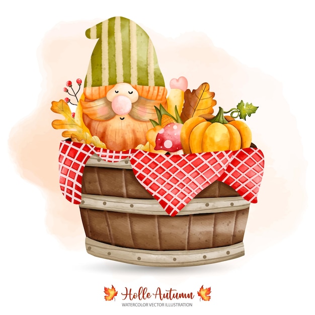 Autumn Gnome in wooden barrel Fall Gnome Autumn or Fall decor Watercolor vector illustrationxDxA