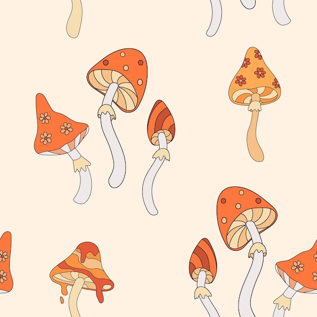 Autumn groovy seamless pattern with mushrooms Amanita ornament Fall vibes Retro 70s vector illustration Fabric textile design