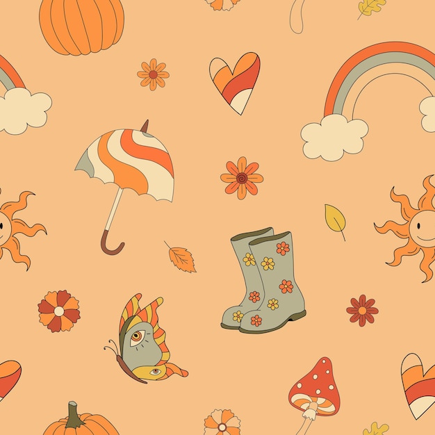 Autumn groovy seamless pattern with rainbow mushrooms umbrella Fall vibes Retro 70s vector illustration Hippie style Fabric textile design