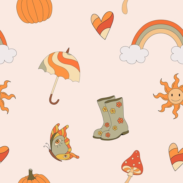 Vector autumn groovy seamless pattern with rainbow mushrooms umbrella fall vibes retro 70s vector illustration hippie style fabric textile design